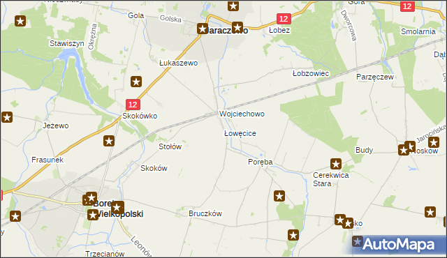 mapa Łowęcice gmina Jaraczewo, Łowęcice gmina Jaraczewo na mapie Targeo