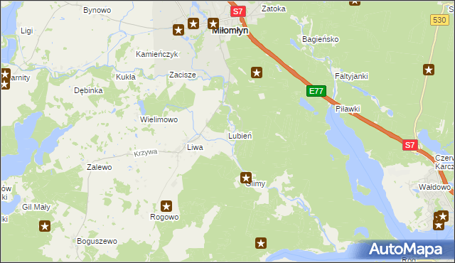 mapa Lubień gmina Miłomłyn, Lubień gmina Miłomłyn na mapie Targeo