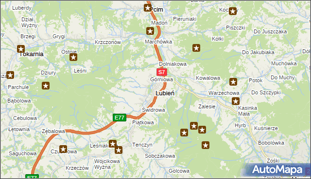 mapa Lubień powiat myślenicki, Lubień powiat myślenicki na mapie Targeo