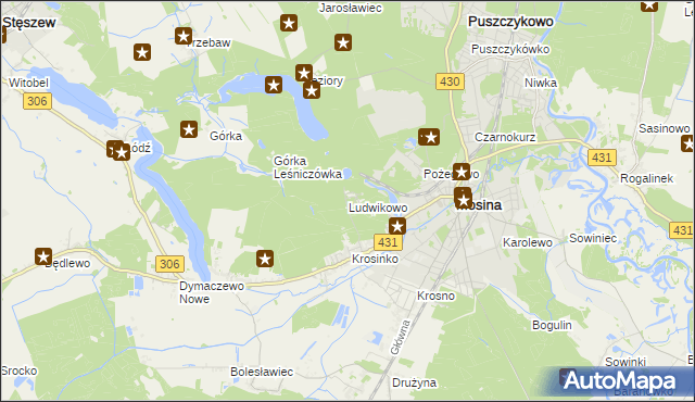 mapa Ludwikowo gmina Mosina, Ludwikowo gmina Mosina na mapie Targeo