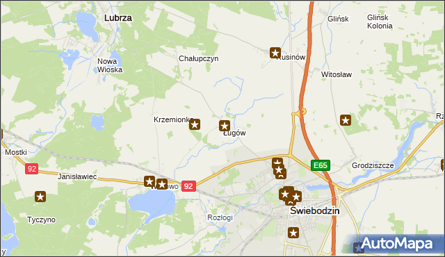 mapa Ługów gmina Świebodzin, Ługów gmina Świebodzin na mapie Targeo