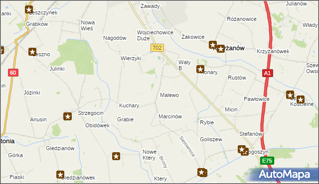 mapa Malewo gmina Krzyżanów, Malewo gmina Krzyżanów na mapie Targeo