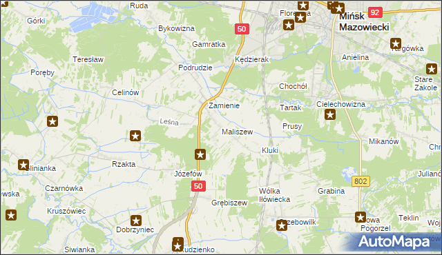 mapa Maliszew gmina Mińsk Mazowiecki, Maliszew gmina Mińsk Mazowiecki na mapie Targeo