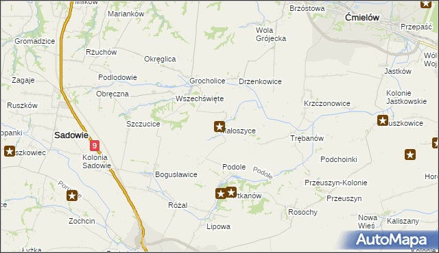 mapa Małoszyce gmina Sadowie, Małoszyce gmina Sadowie na mapie Targeo