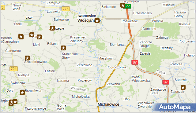 mapa Maszków gmina Iwanowice, Maszków gmina Iwanowice na mapie Targeo