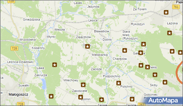 mapa Miedzianka gmina Chęciny, Miedzianka gmina Chęciny na mapie Targeo
