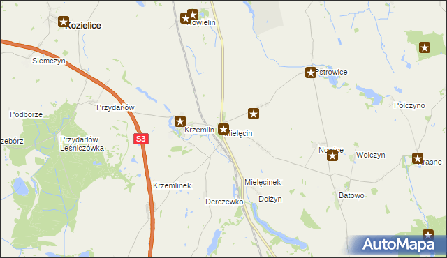 mapa Mielęcin gmina Pyrzyce, Mielęcin gmina Pyrzyce na mapie Targeo