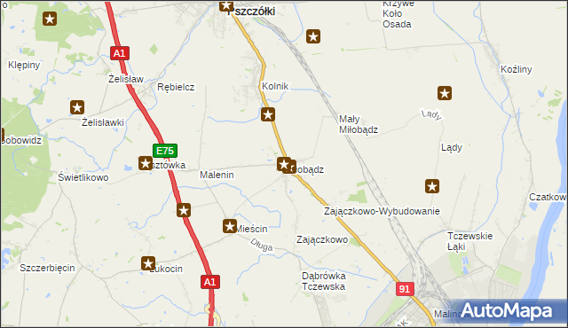 mapa Miłobądz gmina Tczew, Miłobądz gmina Tczew na mapie Targeo