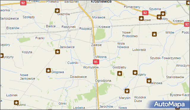 mapa Miłosna gmina Krośniewice, Miłosna gmina Krośniewice na mapie Targeo