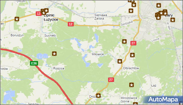 mapa Miłowice gmina Żary, Miłowice gmina Żary na mapie Targeo