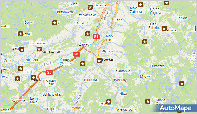 mapa Milówka powiat żywiecki, Milówka powiat żywiecki na mapie Targeo