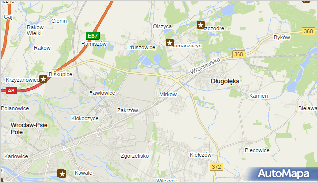 mapa Mirków gmina Długołęka, Mirków gmina Długołęka na mapie Targeo