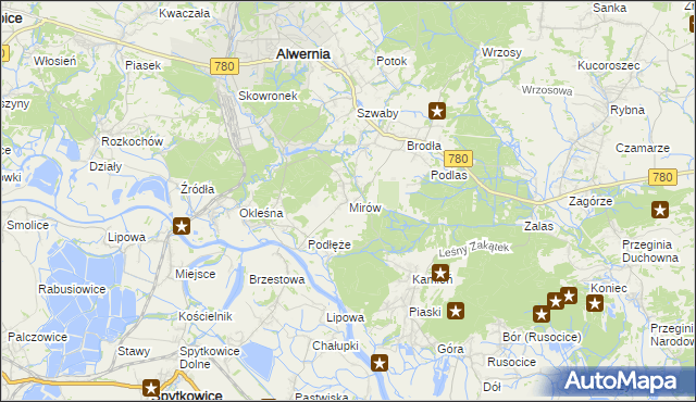 mapa Mirów gmina Alwernia, Mirów gmina Alwernia na mapie Targeo