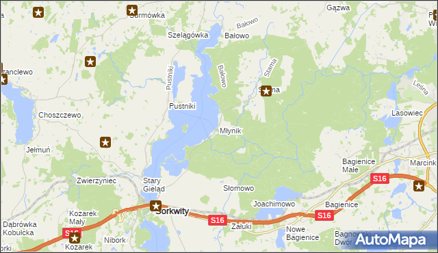 mapa Młynik gmina Sorkwity, Młynik gmina Sorkwity na mapie Targeo