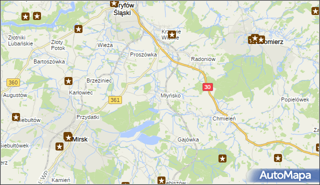 mapa Młyńsko gmina Gryfów Śląski, Młyńsko gmina Gryfów Śląski na mapie Targeo