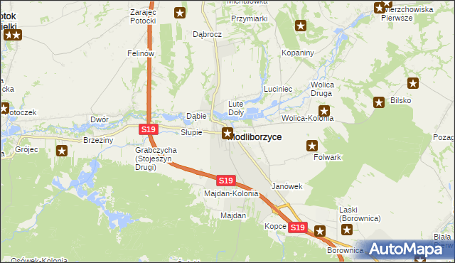 mapa Modliborzyce powiat janowski, Modliborzyce powiat janowski na mapie Targeo