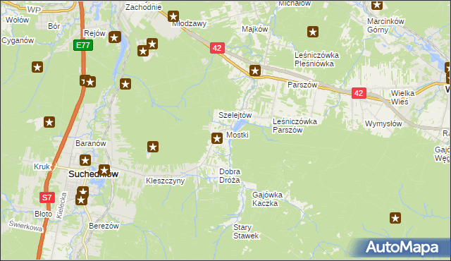 mapa Mostki gmina Suchedniów, Mostki gmina Suchedniów na mapie Targeo