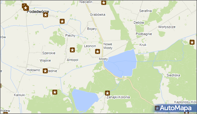 mapa Mosty gmina Podedwórze, Mosty gmina Podedwórze na mapie Targeo