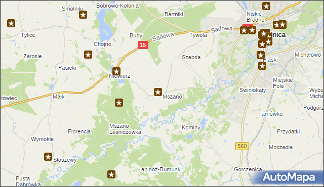 mapa Mszano gmina Brodnica, Mszano gmina Brodnica na mapie Targeo