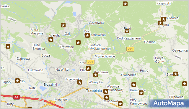 mapa Myślachowice, Myślachowice na mapie Targeo