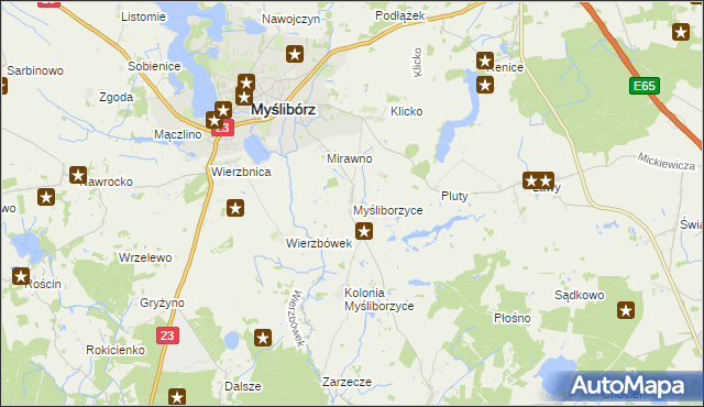 mapa Myśliborzyce gmina Myślibórz, Myśliborzyce gmina Myślibórz na mapie Targeo