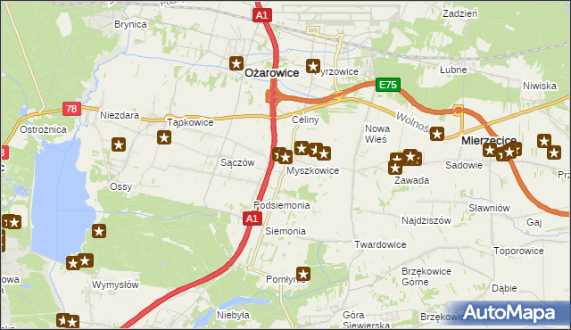 mapa Myszkowice gmina Bobrowniki, Myszkowice gmina Bobrowniki na mapie Targeo