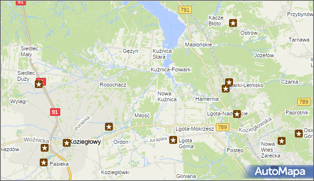 mapa Nowa Kuźnica gmina Koziegłowy, Nowa Kuźnica gmina Koziegłowy na mapie Targeo