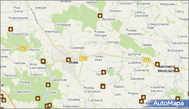 mapa Nowa Wieś gmina Skała, Nowa Wieś gmina Skała na mapie Targeo