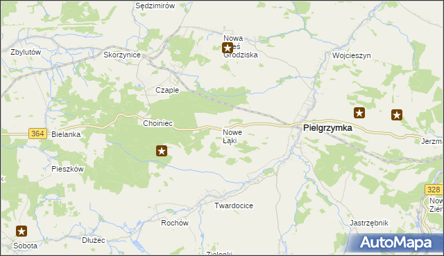 mapa Nowe Łąki gmina Pielgrzymka, Nowe Łąki gmina Pielgrzymka na mapie Targeo