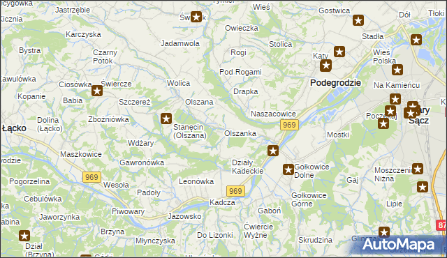 mapa Olszanka gmina Podegrodzie, Olszanka gmina Podegrodzie na mapie Targeo