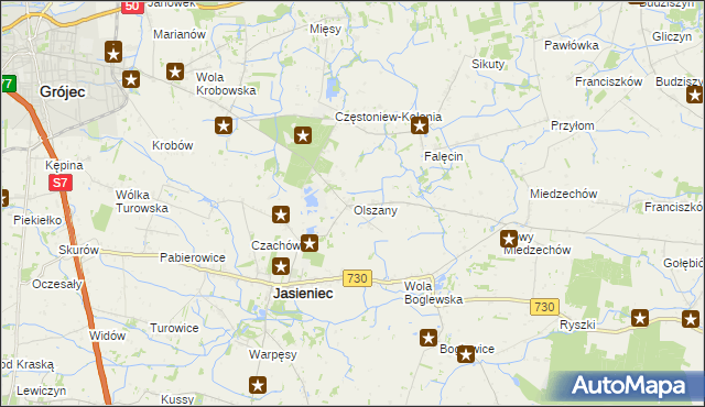 mapa Olszany gmina Jasieniec, Olszany gmina Jasieniec na mapie Targeo