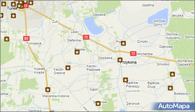 mapa Olszówka gmina Przykona, Olszówka gmina Przykona na mapie Targeo