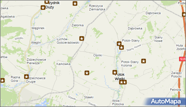 mapa Osinki gmina Potok Wielki, Osinki gmina Potok Wielki na mapie Targeo
