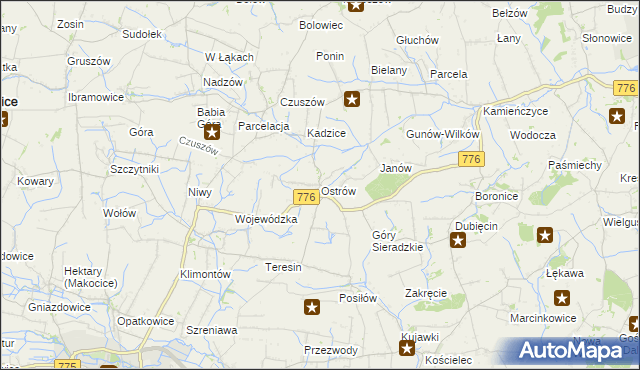 mapa Ostrów gmina Proszowice, Ostrów gmina Proszowice na mapie Targeo