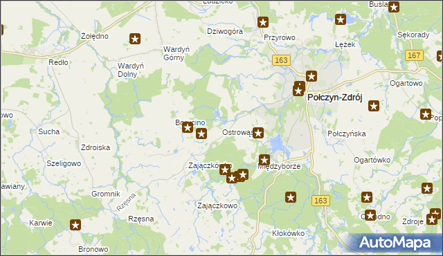 mapa Ostrowąs gmina Połczyn-Zdrój, Ostrowąs gmina Połczyn-Zdrój na mapie Targeo