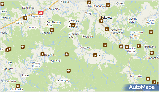 mapa Owczary gmina Sękowa, Owczary gmina Sękowa na mapie Targeo