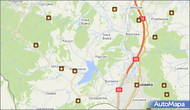 mapa Paprotki gmina Lubawka, Paprotki gmina Lubawka na mapie Targeo