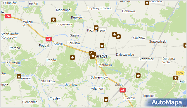 mapa Paradyż powiat opoczyński, Paradyż powiat opoczyński na mapie Targeo