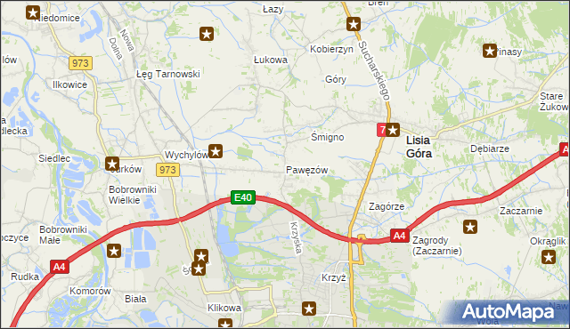 mapa Pawęzów gmina Lisia Góra, Pawęzów gmina Lisia Góra na mapie Targeo