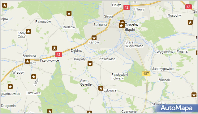 mapa Pawłowice gmina Gorzów Śląski, Pawłowice gmina Gorzów Śląski na mapie Targeo