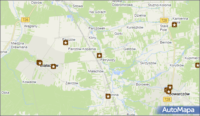 mapa Petrykozy gmina Białaczów, Petrykozy gmina Białaczów na mapie Targeo