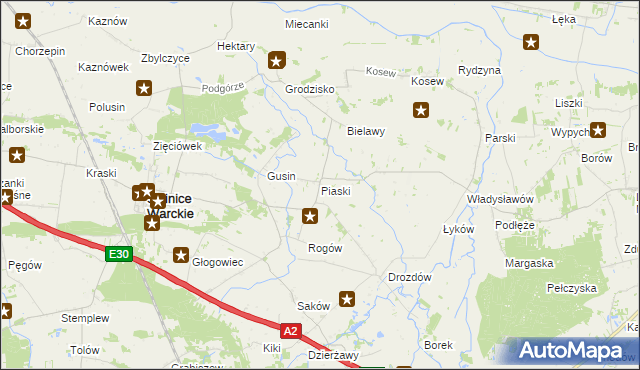 mapa Piaski gmina Świnice Warckie, Piaski gmina Świnice Warckie na mapie Targeo