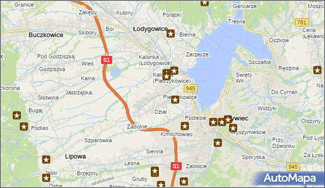 mapa Pietrzykowice gmina Łodygowice, Pietrzykowice gmina Łodygowice na mapie Targeo