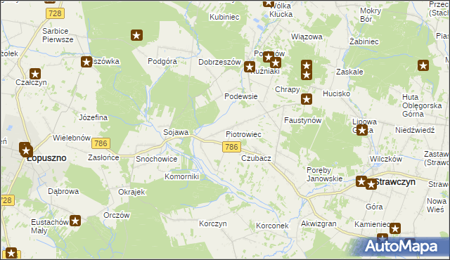 mapa Piotrowiec gmina Łopuszno, Piotrowiec gmina Łopuszno na mapie Targeo