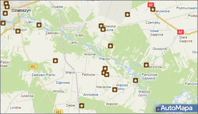 mapa Płaczki gmina Popów, Płaczki gmina Popów na mapie Targeo