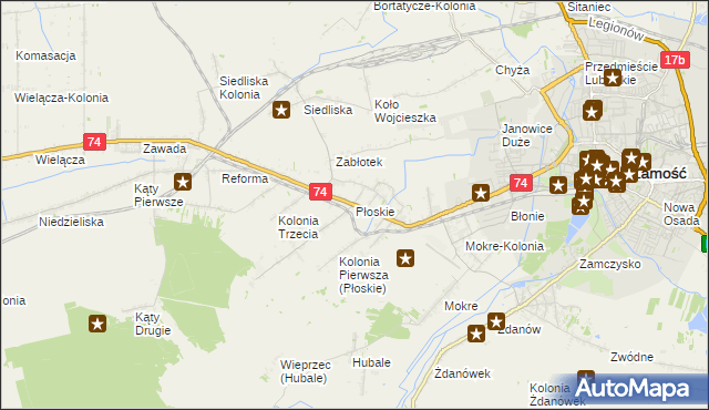 mapa Płoskie gmina Zamość, Płoskie gmina Zamość na mapie Targeo