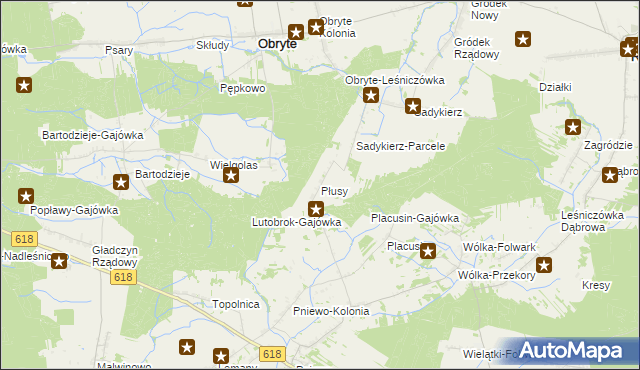 mapa Płusy gmina Obryte, Płusy gmina Obryte na mapie Targeo
