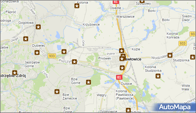 mapa Pniówek gmina Pawłowice, Pniówek gmina Pawłowice na mapie Targeo