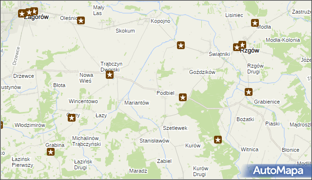 mapa Podbiel gmina Zagórów, Podbiel gmina Zagórów na mapie Targeo