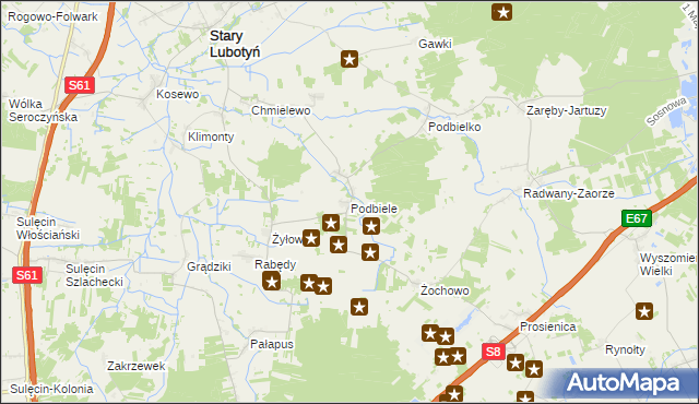 mapa Podbiele gmina Stary Lubotyń, Podbiele gmina Stary Lubotyń na mapie Targeo